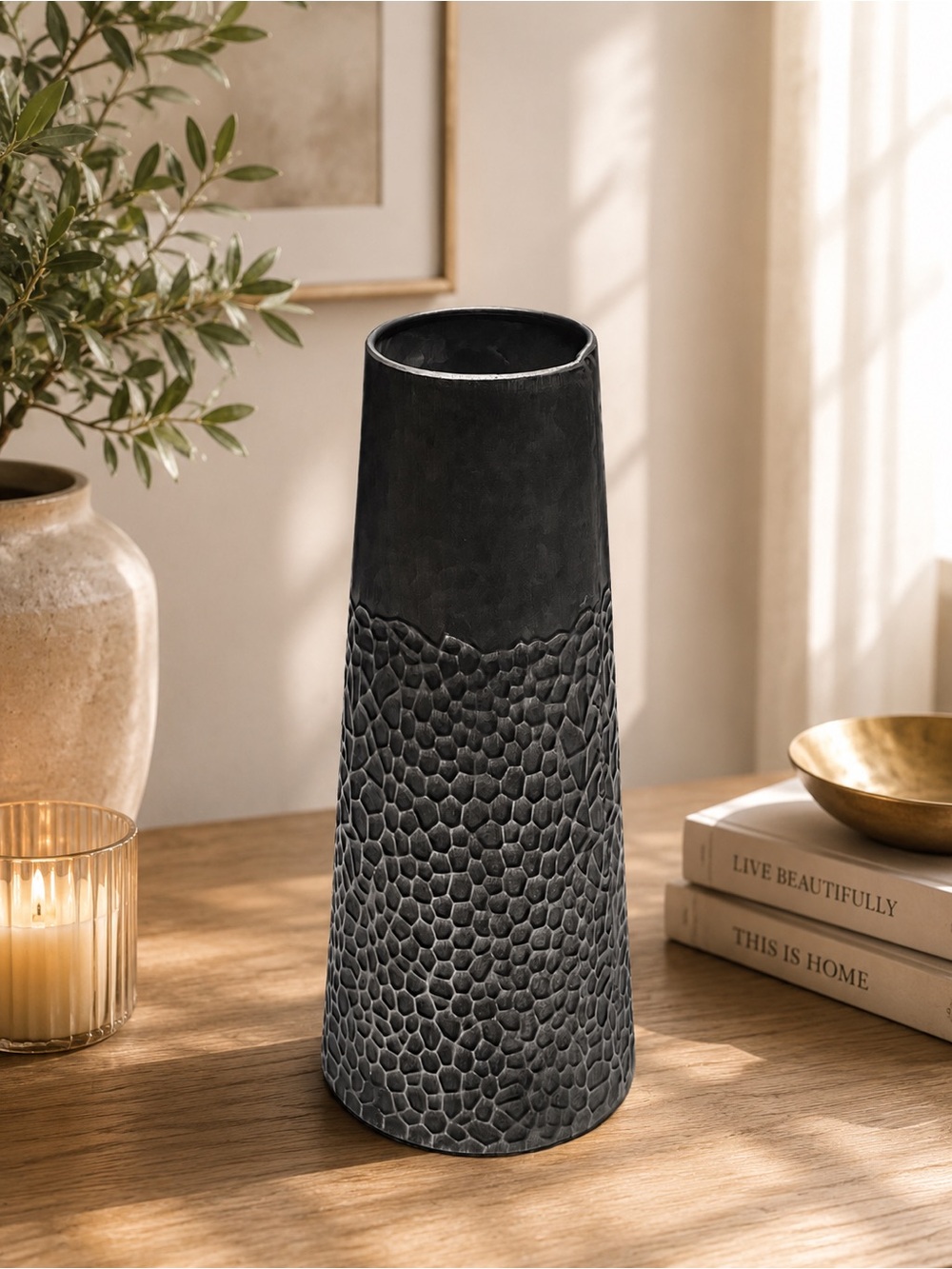 Textured Black Tapered Decorative Vase - Home Accents
